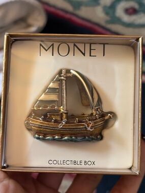 Monet Gold Sailboat Brooch with Blue Accents